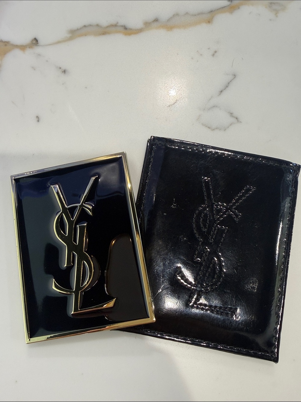 Saint Laurent Black Patent Leather mini  mirror  with Gold Trim